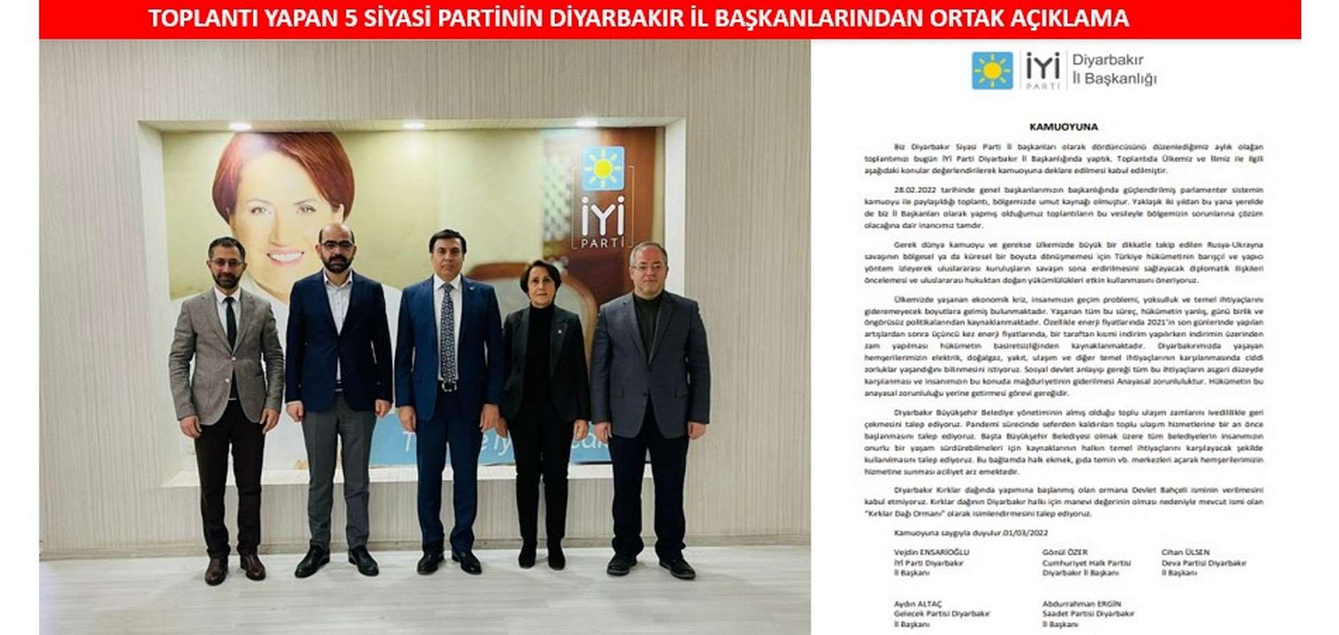 Toplantı yapan 5 siyasi partinin Diyarbakır İl Başkanlarından ortak açıklama